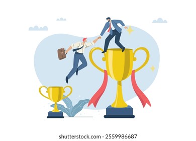 Support or consulting for business success, Businessman helps teammates to move from small trophy to big trophy, Business assistance, Team friendship. Flat vector design illustration.