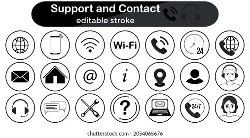 Support and contact icons set. Icon collection - email, online support, info, 24 hour service, simple linear web, consists of support, contact, online assistant, reference book, etc. vector