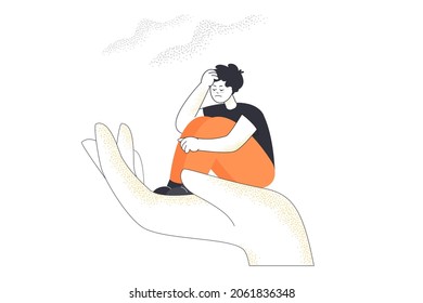 Support From Counselor For Tiny Patient Sitting In Palm Of Hand. Psychologist Counseling Man In Grief And Sorrow Flat Vector Illustration. Psychological Help, Mental Health Therapy, Psychology Concept