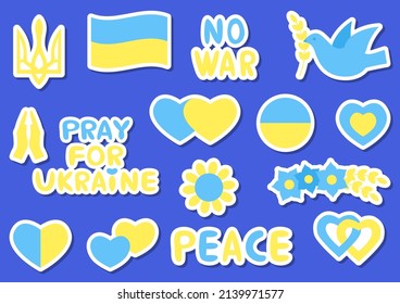 Support for the country during the occupation. Stop war. Dove of peace. Pray for Ukraine. Ukrainian heart love wreath and sunflower icon sticker set. Patriotic national flag and emblem blue and yellow