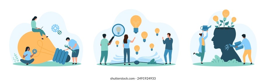 Support in creative idea development, quality analysis and mentorship set. Tiny people research flying light bulbs from open science book, growing lamps inside human head cartoon vector illustration