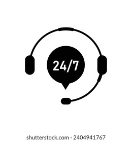 Support Customer 24 7 Silhouette Icon. Help Service Call Center Logo. Headphone with Bubble Around the Clock Hotline Concept. Telephone Center for Help Customers Sign. Isolated Vector Illustration.