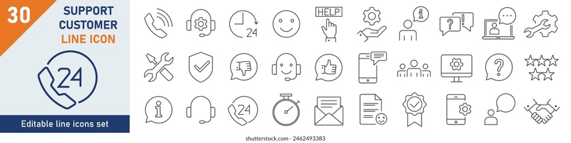 Support and customer icons Pixel perfect. Set of 30 outline icons related to service, installation, tools, control, social, assistant. Linear icon collection. Editable stroke. Vector illustration.