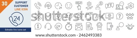 Support and customer icons Pixel perfect. Set of 30 outline icons related to service, installation, tools, control, social, assistant. Linear icon collection. Editable stroke. Vector illustration.