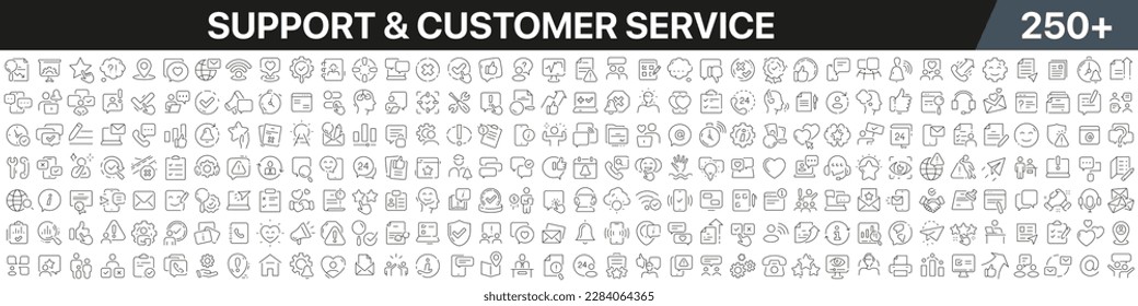 Support and customer service linear icons collection. Big set of more 250 thin line icons in black. Support and customer service black icons. Vector illustration