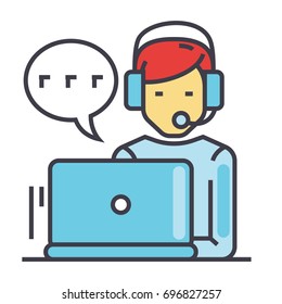 Support customer service, man with computer and headset, client chat concept. Line vector icon. Editable stroke. Flat linear illustration isolated on white background