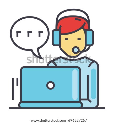 Support customer service, man with computer and headset, client chat concept. Line vector icon. Editable stroke. Flat linear illustration isolated on white background