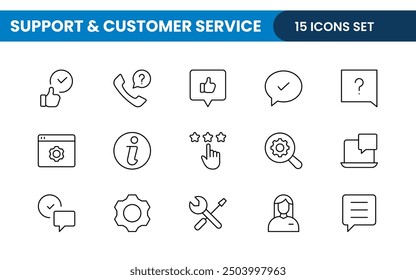 Support and customer service outline style modern icons set. Customer Feedback, Response, experience, helpline and technical support icon illustration