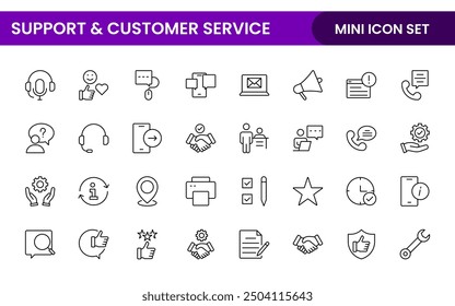 Conjunto de iconos modernos de estilo de contorno de Asistencia y Servicio al cliente. Cliente Comentarios, respuesta, experiencia, línea de ayuda e ilustración de ícono de Asistencia técnica