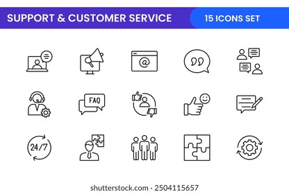 Support and customer service outline style modern icons set. Customer Feedback, Response, experience, helpline and technical support icon illustration