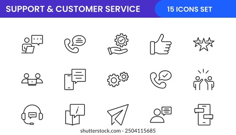 Support und Kundendienst Gliederungsstil moderne Symbole gesetzt. Abbildung des Symbols für Kundenfeedback, -reaktion, -erfahrung, -hilfe und technischen Support