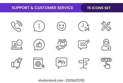 Conjunto de iconos modernos de estilo de contorno de Asistencia y Servicio al cliente. Cliente Comentarios, respuesta, experiencia, línea de ayuda e ilustración de ícono de Asistencia técnica