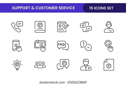 Support and customer service outline style modern icons set. Customer Feedback, Response, experience, helpline and technical support icon illustration