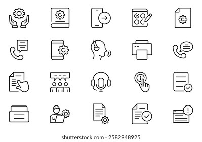 Support and customer service outline style modern icons set. Customer Feedback, Response, experience, helpline and technical support icon illustration.