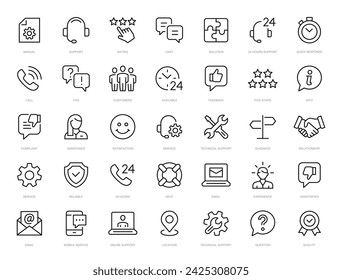 Conjunto de iconos de línea delgada de soporte y servicio al cliente. Iconos de trazo editables de soporte, servicio y ayuda. Ayuda, Consultoría, Contacto, Asesoramiento, Servicio. Vector