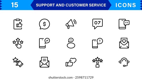 Support and Customer Service Tools Icon Set. Effective Icons for Service Support, Helpdesk Management, Client Queries, and Assistance

