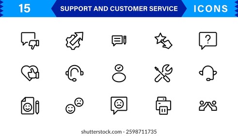 Support and Customer Service Tools Icon Set. Effective Icons for Service Support, Helpdesk Management, Client Queries, and Assistance
