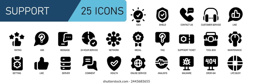 support and customer service vector. contains like,rating,ask,faq,message,24 hour service,network,medal. icon set.