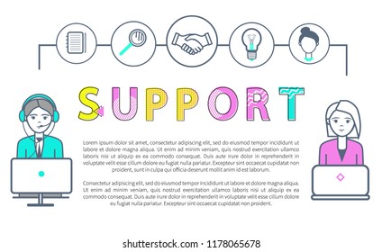 Support of customers and clients poster vector. People with headphones and laptop helping people with questions. Icons of bulb paper and handshake