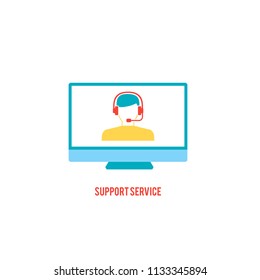 Support and delivery service icon. Call centre. Man with headphones on monitor