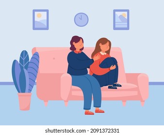 Support to depressed sad girl from friend, mother or sister. Women sitting on couch together, comforting talk between people flat vector illustration. Empathy, mental help in depression concept