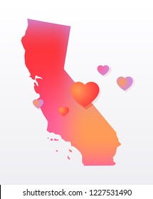 Support design after wildfires in southern California with map of California state and hearts shapes.