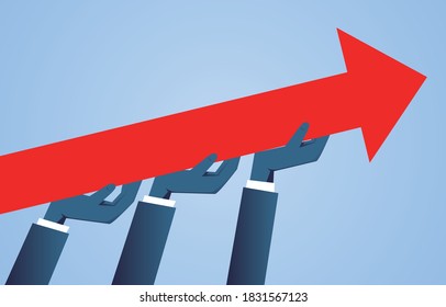 Support development, three hands support the red arrow to grow and achieve goals
