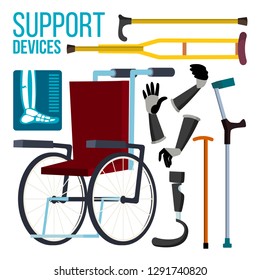 Support Devices Vector. Wheelchair. Amputation Prosthesis. Isolated Flat Cartoon Illustration
