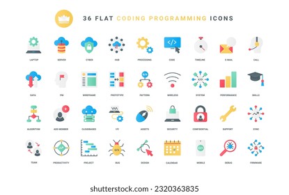Support of digital projects, sync database system and cyber protection for wireless network, chart performance. Test of software code, data storage trendy flat icons set vector illustration