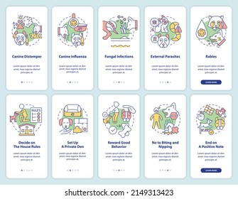 Soporte para el juego de pantalla de aplicaciones móviles para el bienestar del perro. Recorrido de prevención de enfermedades 5 pasos páginas de instrucciones gráficas con conceptos lineales. UI, UX, plantilla GUI. Multitud de tipos de letra Pro-Bold, con uso regular