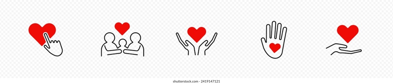 Iconos de apoyo y donación. Manos con el corazón rojo como símbolo de cuidado con protección social de individuos y familias por esperanza y apoyo vector voluntario