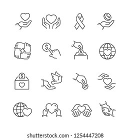 Support and donation related icons: thin vector icon set, black and white kit