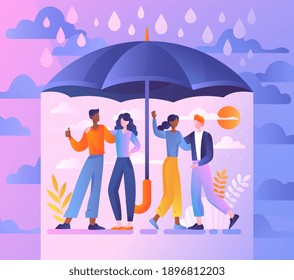 Support each other concept, diverse multiracial people, men and women, standing under umbrella. Flat cartoon vector illustration
