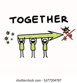 Support each other corona virus covid 19 stickman infographic. Considerate community help graphic clip art.Worl wide viral pandemic affects everyone. Be kind, dont touch, stay positive poster banner