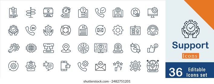 Support editable stroke outline icons set. Support, help, response, assist, technical, communication and information. Vector illustration