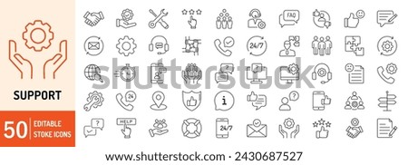 Support editable stroke outline icons set. Support, help, response, assist, technical, communication, faq and information. Vector illustration