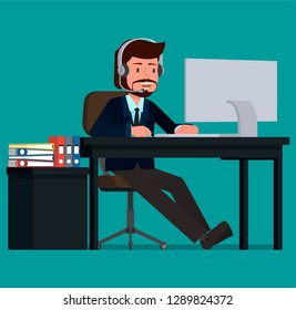 Support employee advises clients. Vector illustration, flat design drawing.