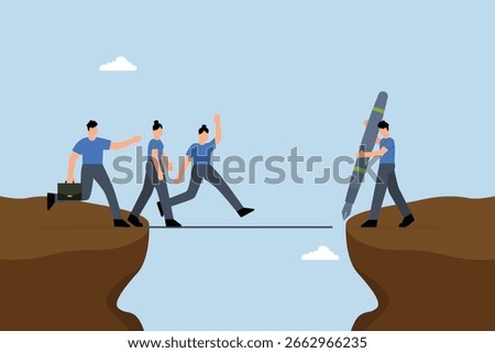 Support employee to progress, business manager pulls line down like  bridge to help team members over a cliff