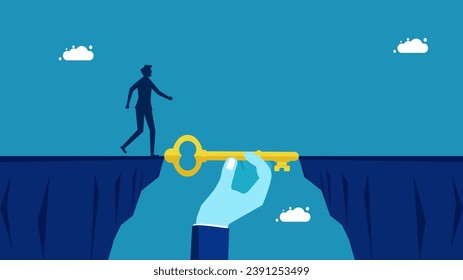 Support employees. Businessman manager uses keys as a bridge to help team members cross the cliff