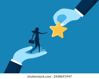 Support employees to succeed. woman standing on big hand receives star award 