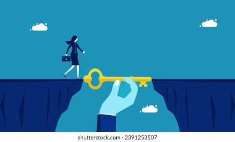 Support employees women. Businessman manager uses keys as a bridge to help team members cross the cliff. 