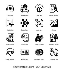 Support, Encasement, Big Data, Underwriting, Recalculate, Resubmit, Manage Loan, Finance Home, Crypt Currency, Peer To Peer, Digital Key, Blockchain, Accesses, Mining, Glyph Icons - Solid, Vectors