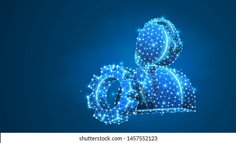 Support engineer, cogwheel with employee profile silhouette. User portrait, problem-solution engine concept. Abstract, digital, wireframe, low poly mesh, vector blue neon 3d illustration. Line dot