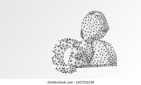 Support engineer, cogwheel with employee profile silhouette. User portrait, problem-solution engine concept. Abstract, digital, wireframe, low poly mesh, vector white origami 3d illustration. Line dot