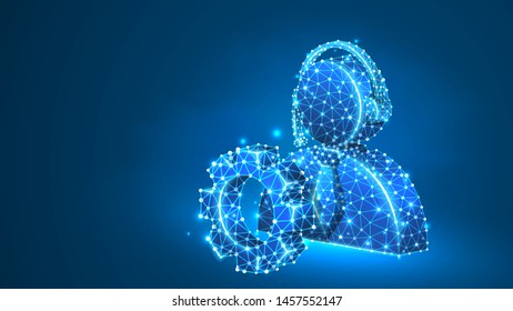 Support engineer, cogwheel with employee profile silhouette. User portrait, problem-solution engine concept. Abstract, digital, wireframe, low poly mesh, vector blue neon 3d illustration. Line dot