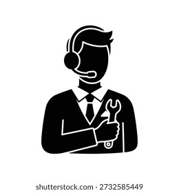 Suporte engenheiro segurando chave usando fone de ouvido, assistência técnica, estilo de linha, negócio