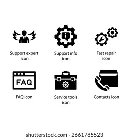 Support expert, Support info, Fast repair, FAQ, Service tools, Contacts, icon