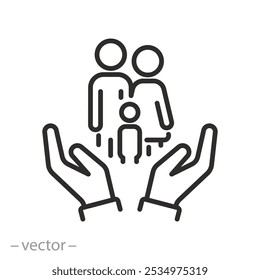 Icono de la familia de la Asistencia, manos que abrazan a la familia, ayuda o cuidado para las personas del grupo, concepto de vida del seguro, símbolo de Web de línea delgada sobre fondo blanco - Ilustración vectorial editable del movimiento EPS10