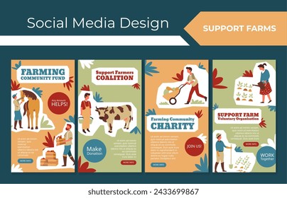 Support farm charity, help local business set. Social media design to help community, vector illustration collection. Make donation to save farming, voluntary organisation advertising