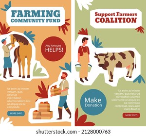 Apoyar la coalición de agricultores y hacer donaciones, fondos de la comunidad agrícola, cualquier cantidad ayuda. La gente trabaja con ganado, caballos y vacas, plantando y cosechando. Sitio web e información en página, vector en plano